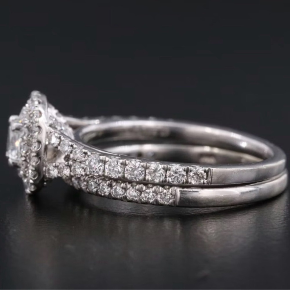 Double Halo Round Real Diamond Wedding Ring in 14k White Gold - Picture 4 of 13